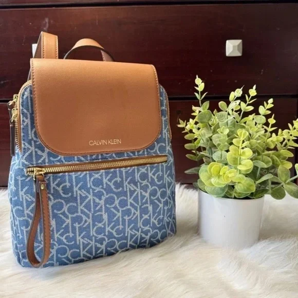 Calvin Klein Elaine Monogram Logo Denim & Brown Faux Leather Mini Backpack - Picture 1 of 14